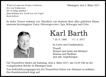 Traueranzeige von Karl Barth von Kreiszeitung Böblinger Bote