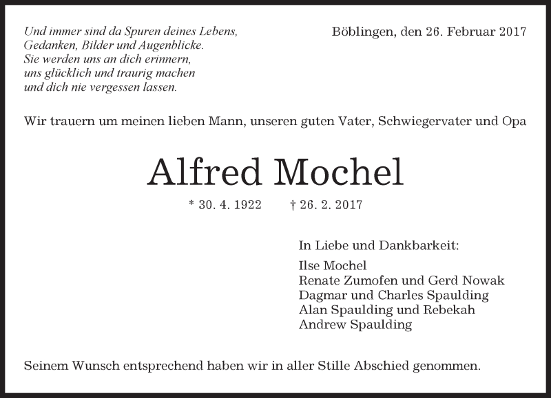  Traueranzeige für Alfred Mochel vom 02.03.2017 aus Kreiszeitung Böblinger Bote