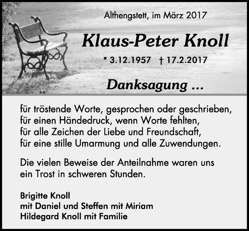  Traueranzeige für Klaus-Peter Knoll vom 11.03.2017 aus Kreiszeitung Böblinger Bote