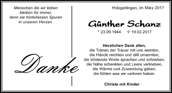 Traueranzeige von Günther Schanz von Kreiszeitung Böblinger Bote