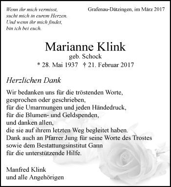Traueranzeige von Marianne Klink von Kreiszeitung Böblinger Bote