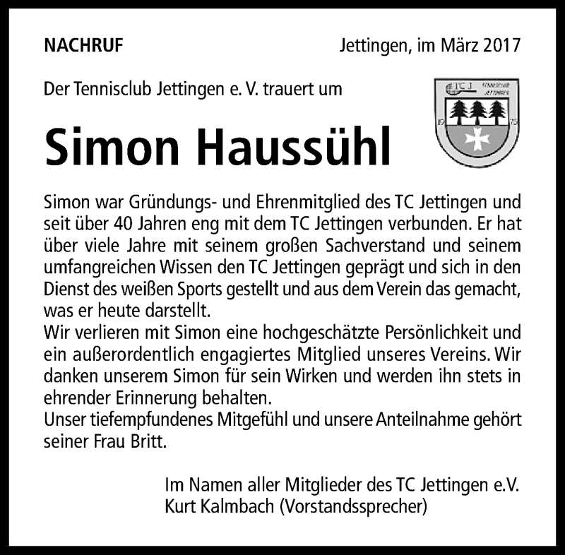  Traueranzeige für Simon Haussühl vom 09.03.2017 aus Kreiszeitung Böblinger Bote