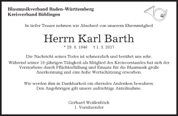 Traueranzeige von Karl Barth von Kreiszeitung Böblinger Bote