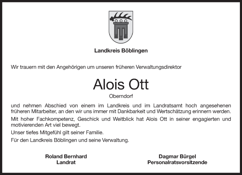  Traueranzeige für Alois Ott vom 07.03.2017 aus Kreiszeitung Böblinger Bote