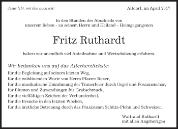 Traueranzeige von Fritz Ruthardt von Kreiszeitung Böblinger Bote