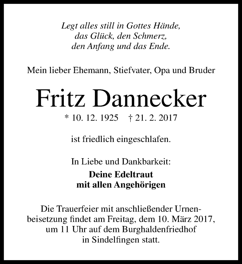  Traueranzeige für Fritz Dannecker vom 04.03.2017 aus Kreiszeitung Böblinger Bote