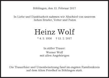 Traueranzeige von Heinz Wolf von Kreiszeitung Böblinger Bote