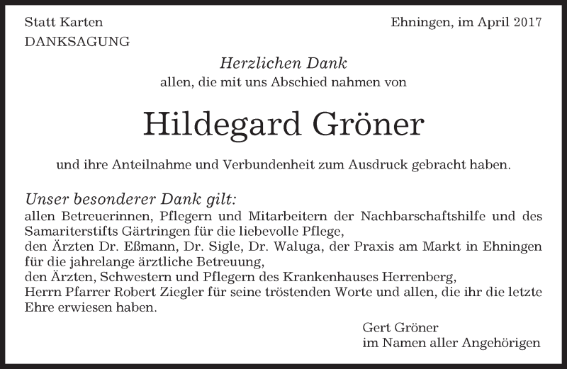  Traueranzeige für Hildegard Gröner vom 26.04.2017 aus Kreiszeitung Böblinger Bote