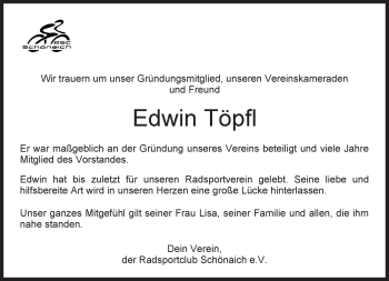 Traueranzeige von Edwin Töpfl von Kreiszeitung Böblinger Bote