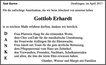 Traueranzeige von Gottlob Erhardt von Kreiszeitung Böblinger Bote