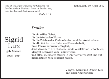 Traueranzeige von Sigrid Lux von Kreiszeitung Böblinger Bote
