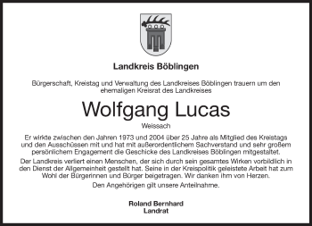 Traueranzeige von Wolfgang Lucas von Kreiszeitung Böblinger Bote