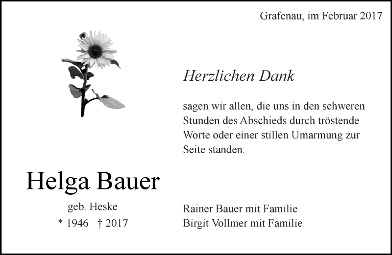  Traueranzeige für Helga Bauer vom 02.03.2017 aus Kreiszeitung Böblinger Bote