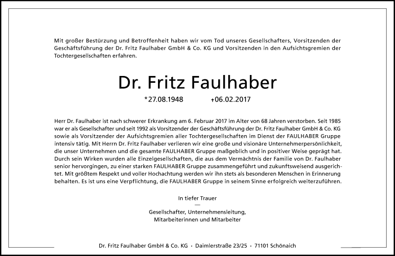  Traueranzeige für Fritz Faulhaber vom 02.03.2017 aus Kreiszeitung Böblinger Bote