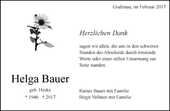 Traueranzeige von Helga Bauer von Kreiszeitung Böblinger Bote