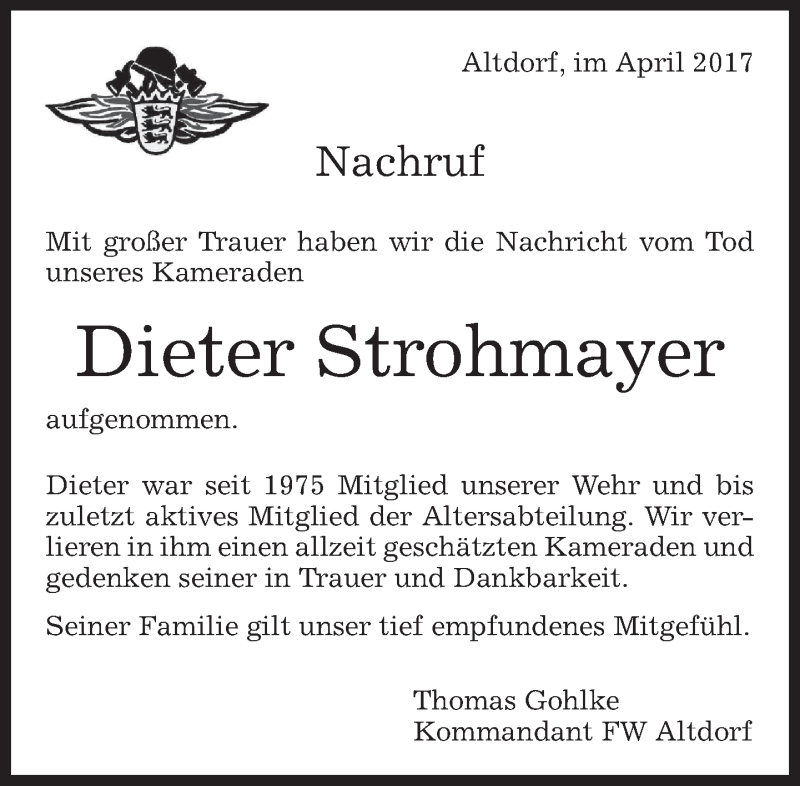  Traueranzeige für Dieter Strohmajer vom 29.04.2017 aus Kreiszeitung Böblinger Bote