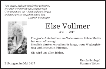 Traueranzeige von Else Vollmer von Kreiszeitung Böblinger Bote