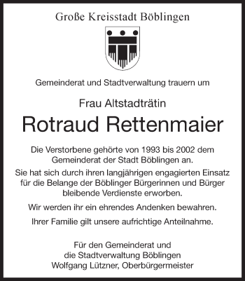 Traueranzeige von Rotraud Rettenmaier von Kreiszeitung Böblinger Bote