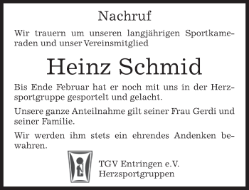 Traueranzeige von Heinz Schmid von Kreiszeitung Böblinger Bote