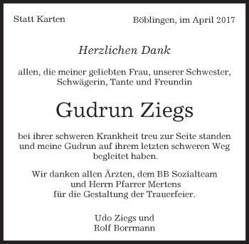 Traueranzeige von Gudrun Ziegs von Kreiszeitung Böblinger Bote