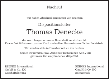 Traueranzeige von Thomas Denecke von Kreiszeitung Böblinger Bote