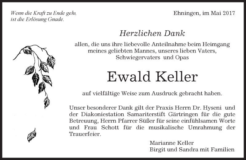  Traueranzeige für Ewald Keller vom 31.05.2017 aus Kreiszeitung Böblinger Bote
