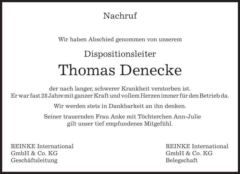  Traueranzeige für Thomas Denecke vom 13.05.2017 aus Kreiszeitung Böblinger Bote