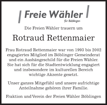 Traueranzeige von Rotraud Rettenmaier von Kreiszeitung Böblinger Bote