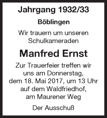 Traueranzeige von Manfred Ernst von Kreiszeitung Böblinger Bote