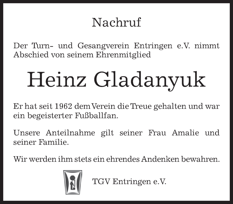  Traueranzeige für Heinz Gladanyuk vom 15.06.2017 aus Kreiszeitung Böblinger Bote