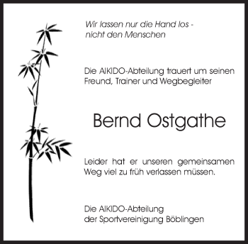 Traueranzeige von Bernd Ostgathe von Kreiszeitung Böblinger Bote