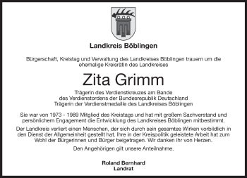 Traueranzeige von Zita Grimm von Kreiszeitung Böblinger Bote