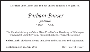 Traueranzeige von Barbara Hauser von Kreiszeitung Böblinger Bote