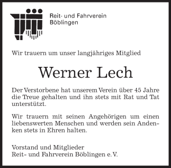 Traueranzeige von Werner Lech von Kreiszeitung Böblinger Bote