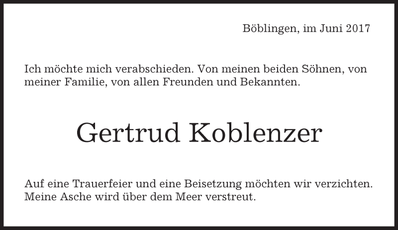  Traueranzeige für Gertrud Koblenzer vom 01.07.2017 aus Kreiszeitung Böblinger Bote