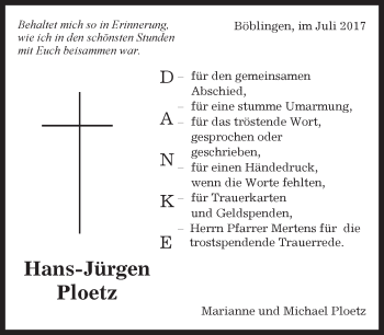 Traueranzeige von Hans-Jürgen Ploetz von Kreiszeitung Böblinger Bote