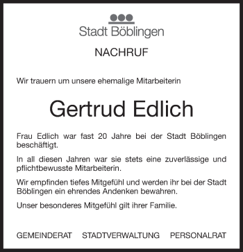 Traueranzeige von Gertrud Edlich von Kreiszeitung Böblinger Bote