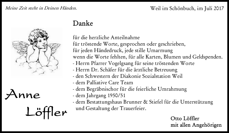  Traueranzeige für Anne Löffler vom 27.07.2017 aus Kreiszeitung Böblinger Bote