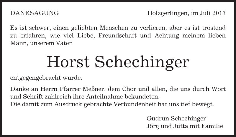  Traueranzeige für Horst Schechinger vom 28.07.2017 aus Kreiszeitung Böblinger Bote