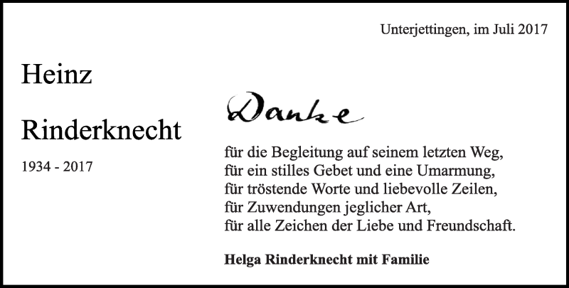  Traueranzeige für Heinz Rinderknecht vom 13.07.2017 aus Kreiszeitung Böblinger Bote