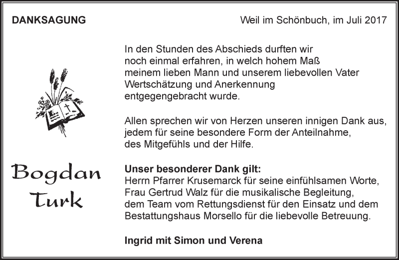  Traueranzeige für Bogdam Turk vom 27.07.2017 aus Kreiszeitung Böblinger Bote