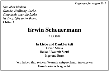 Traueranzeige von Erwin Scheuermann von Kreiszeitung Böblinger Bote