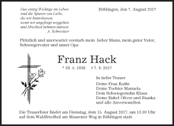 Traueranzeige von Franz Hack von Kreiszeitung Böblinger Bote