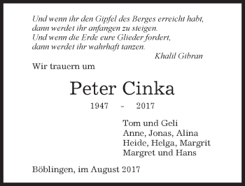 Traueranzeige von Peter Cinka von Kreiszeitung Böblinger Bote