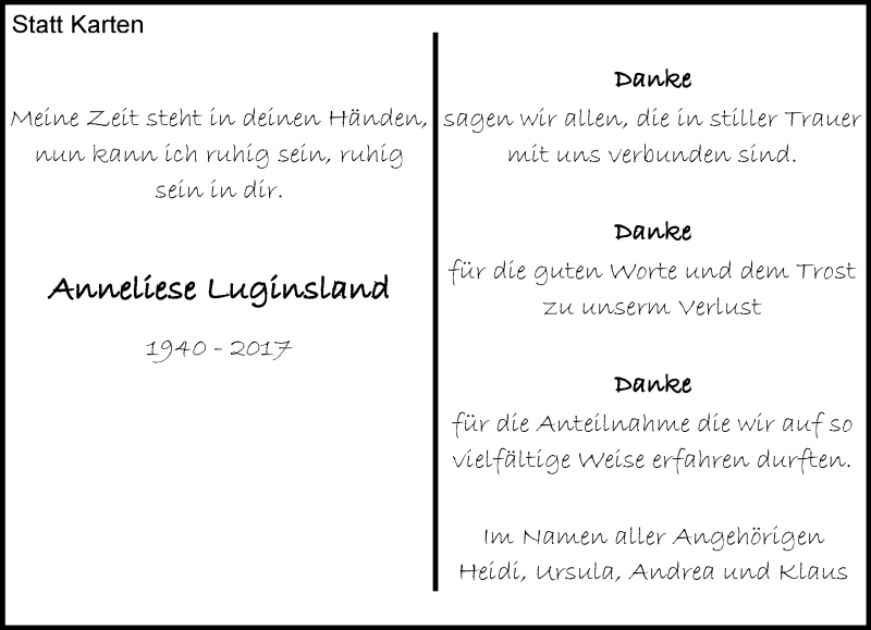  Traueranzeige für Anneliese Luginsland vom 21.09.2017 aus Kreiszeitung Böblinger Bote