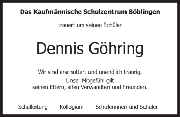 Traueranzeige von Dennis Göhring von Kreiszeitung Böblinger Bote