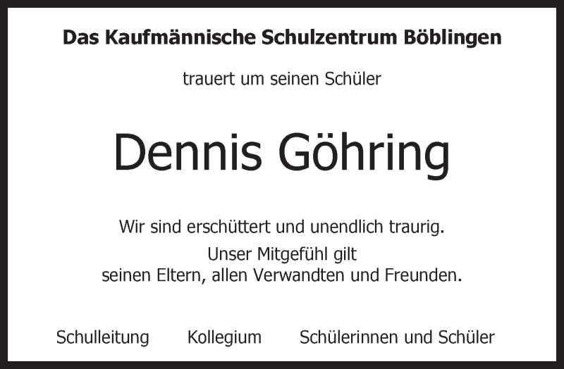  Traueranzeige für Dennis Göhring vom 19.09.2017 aus Kreiszeitung Böblinger Bote
