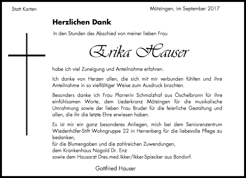  Traueranzeige für Erika Hauser vom 21.09.2017 aus Kreiszeitung Böblinger Bote