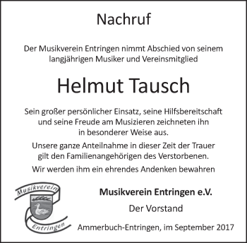 Traueranzeige von Helmut Tausch von Kreiszeitung Böblinger Bote