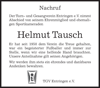 Traueranzeige von Helmut Tausch von Kreiszeitung Böblinger Bote